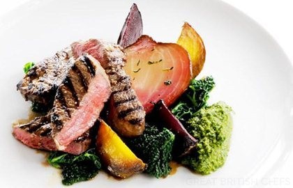 Chargrilled leg of lamb with salsa verde and roasted beetroot