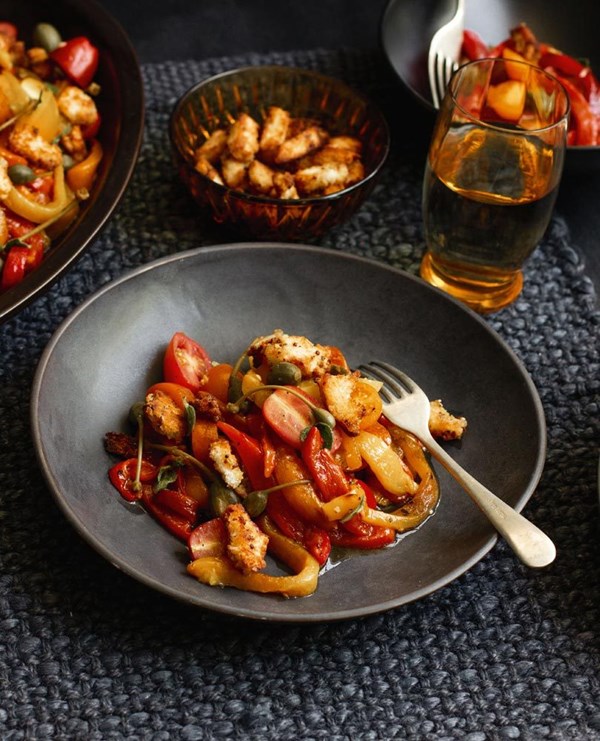 Chargrilled marinated capsicum with cherry tomatoes, caperberries & mustard crumbs