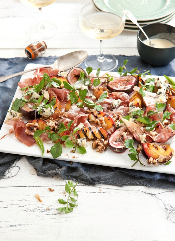 Chargrilled peach and roasted fig salad with prosciutto, blue cheese