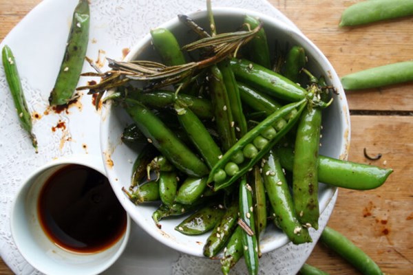 Chargrilled peas with rosemary and soy
