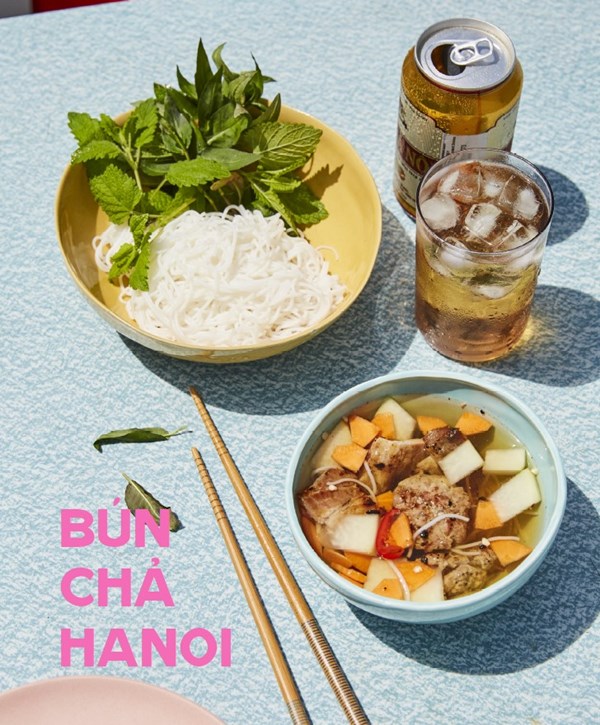 Chargrilled pork patties with herbs and noodles (Bun Cha Hanoi)