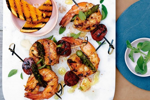 Chargrilled prawn & asparagus skewers with burnt orange