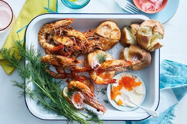 Chargrilled prawns, spuds, caviar and pickled eschallots