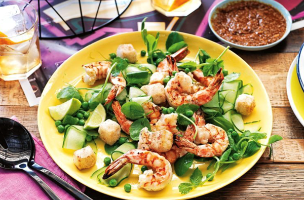 Chargrilled prawns with cucumber and mint salad