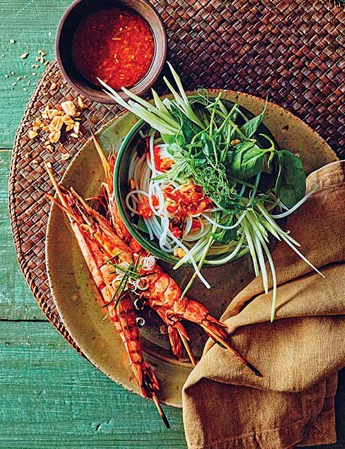 Chargrilled prawns with noodle and herb salad