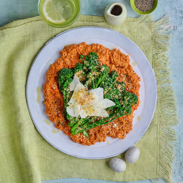 Chargrilled sprouting broccoli with romesco sauce, Corra Linn cheese, lemon and parsley