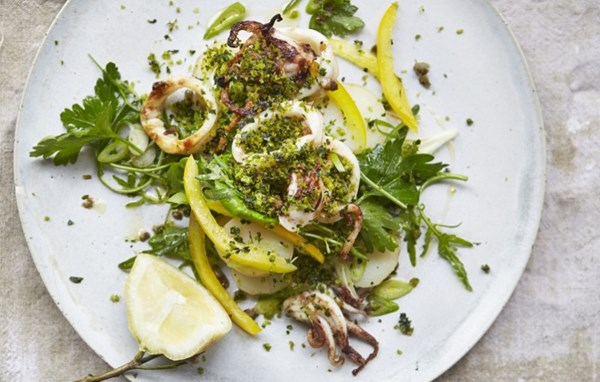 Chargrilled squid, potato, watercress with green bread crumbs & lemon dressing