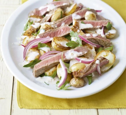 Chargrilled steak and new potato salad with horseradish dressing