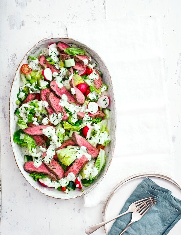 Chargrilled steak with chopped salad and blue-cheese dressing
