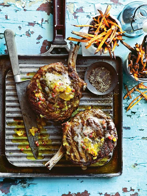 Chargrilled steaks with piccalilli butter and sweet potato fries