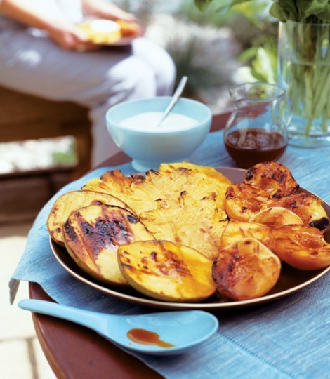Chargrilled tropical fruits with orange syrup and coconut cheesecake cream