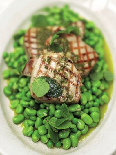 Chargrilled tuna with oregano oil and beautifully dressed peas and fava beans