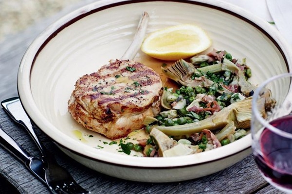Chargrilled veal cutlets with broad beans and artichokes