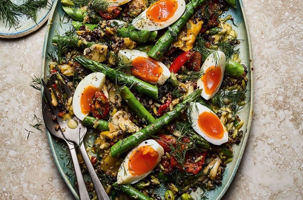 Chargrilled vegetable & asparagus salad with jammy eggs