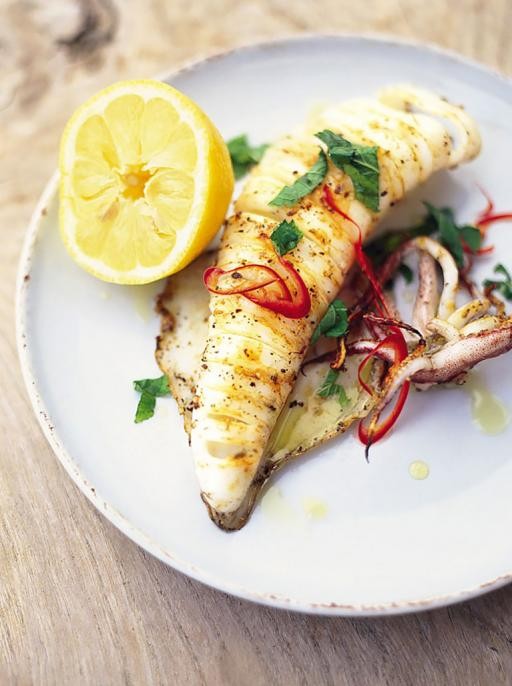 Chargrilled whole squid with chilli and mint