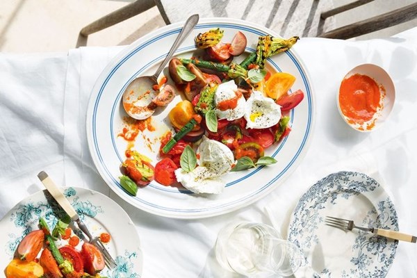 Chargrilled zucchini flower & heirloom tomato salad