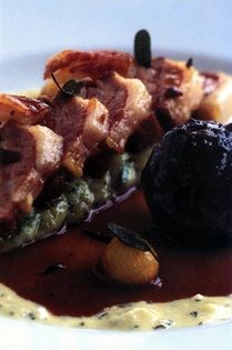 Charles Ashbridge's Gloucester Old Spot suckling pig loin with a black pudding bundle, Ampleforth apples, mulled cider juices and garden sage "soubise"