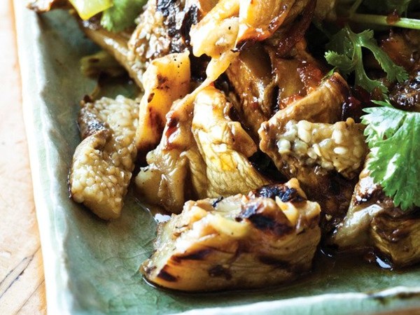 Charles Phan's roasted eggplant and leek salad (Cook the Book)