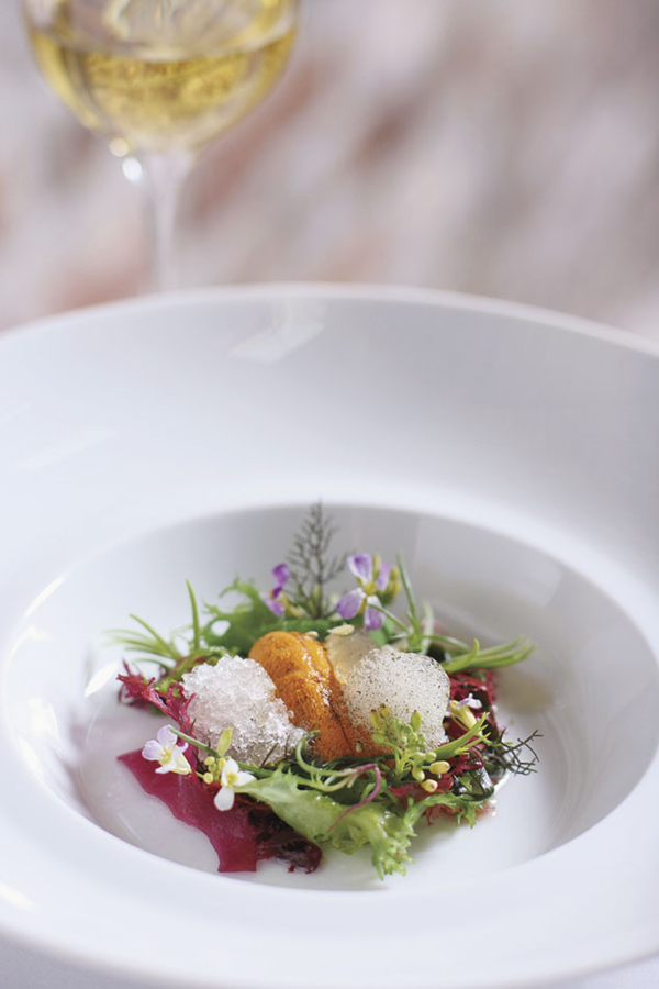 Charleston stone crab, uni, geoduck clam & oyster with seaweed, cucumber, yuzu dashi & coastal plants