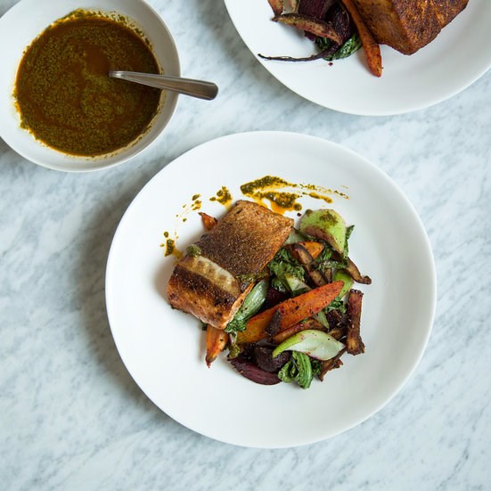 Charmoula-spiced salmon with za'atar vegetables