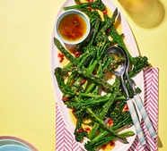 Charred asparagus & broccoli with blistered chilli dressing