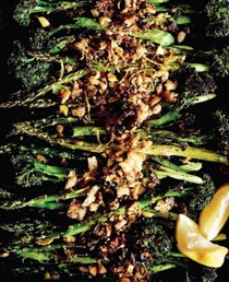 Charred asparagus & broccolini with garlic olive crumbs