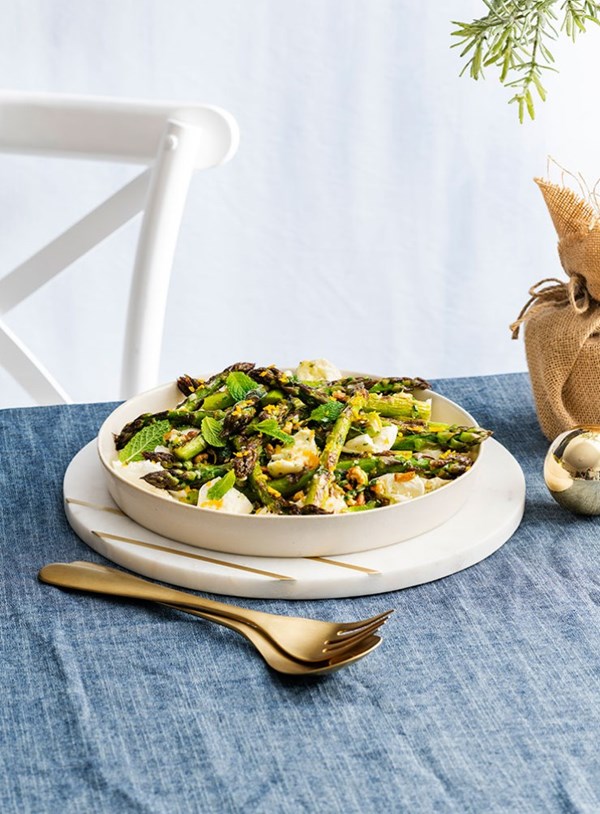 Charred asparagus and mozzarella salad with mint and walnut salsa