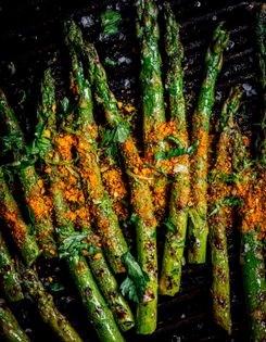Charred asparagus with "gunpowder" nut masala