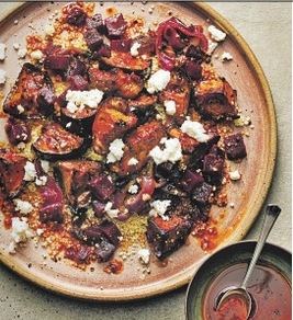 Charred aubergine & harissa couscous with feta
