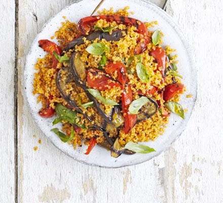 Charred aubergine, pepper & bulghur salad