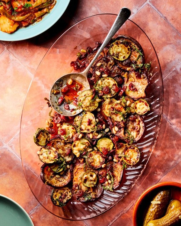 Charred aubergines with caponata dressing 