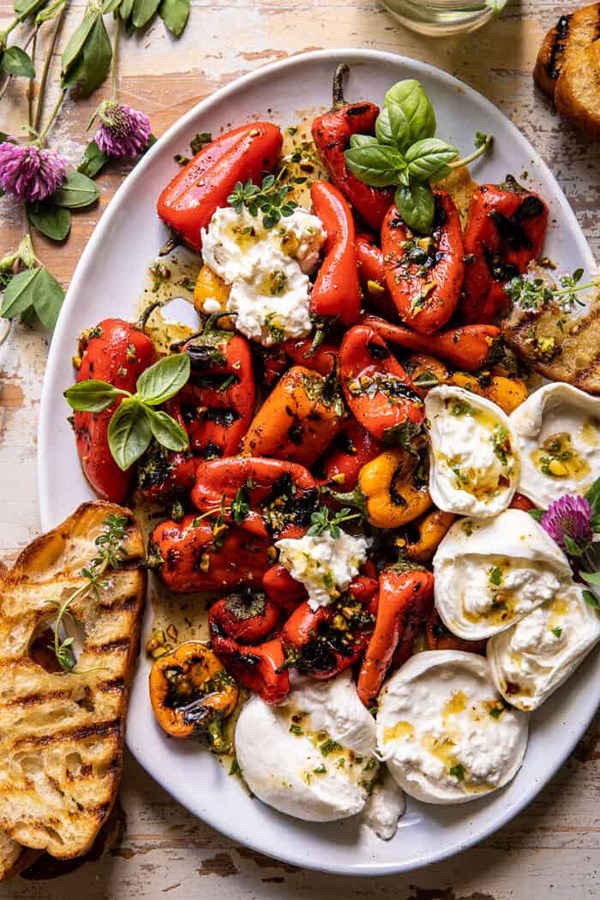 Charred baby bell peppers with burrata