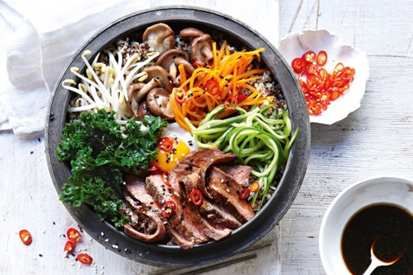 Charred beef, kale & quinoa bibimbap
