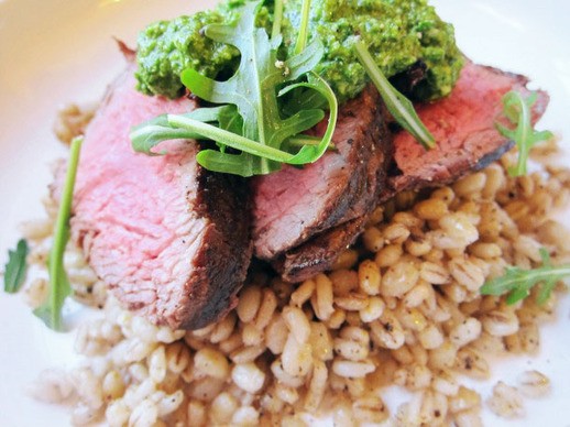 Charred beef tenderloin with cacio e pepe toasted barley and watercress pesto