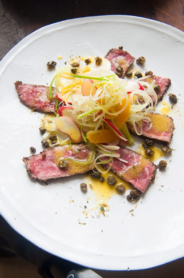 Charred beef with fennel, spring onion and radish salad