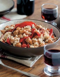Charred bell peppers and sausage with pearled barley