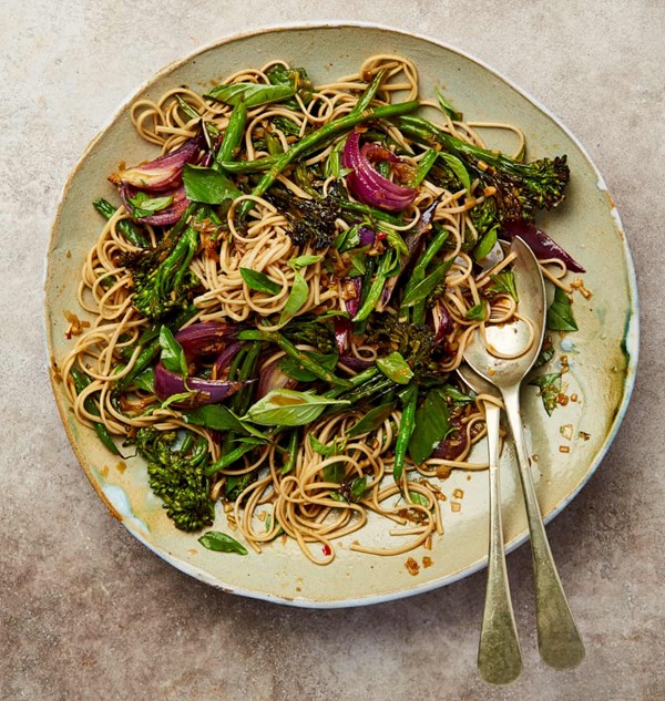 Charred broccoli and bean soba noodle salad
