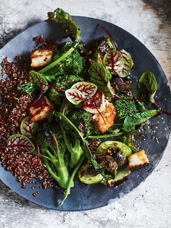 Charred broccoli and Brussels sprout salad with haloumi and red quinoa