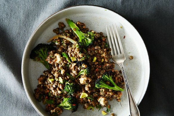 Charred broccoli and lentil salad