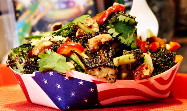 Charred broccoli salad with eggplant purée