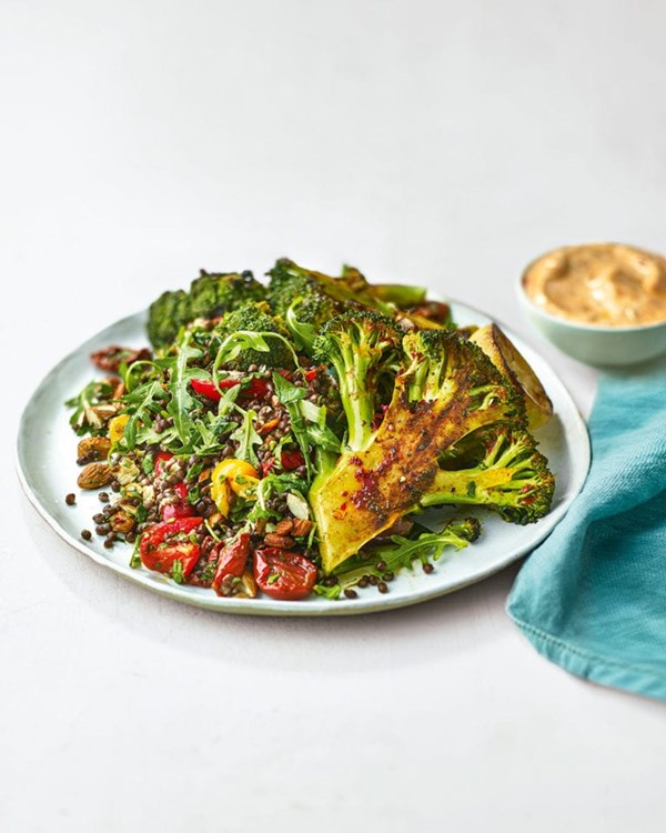 Charred broccoli steaks with lentil salad and harissa yogurt