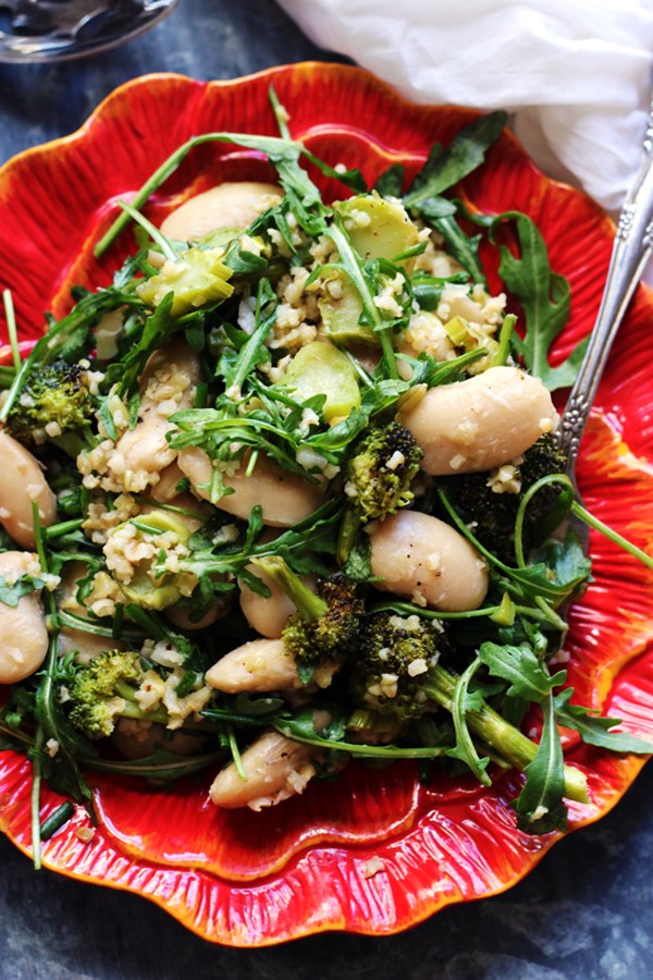 Charred broccoli, white bean, and lemony freekeh salad