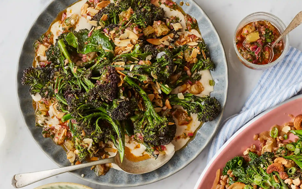 Charred broccoli with almond and anchovy sauce