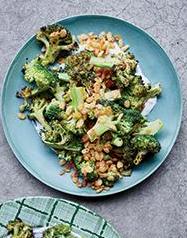 Charred broccoli with blue cheese dressing and spiced crispies