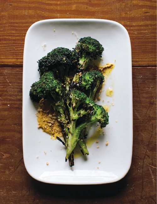 Charred broccoli with butternut hummus and smoked cashew crumble