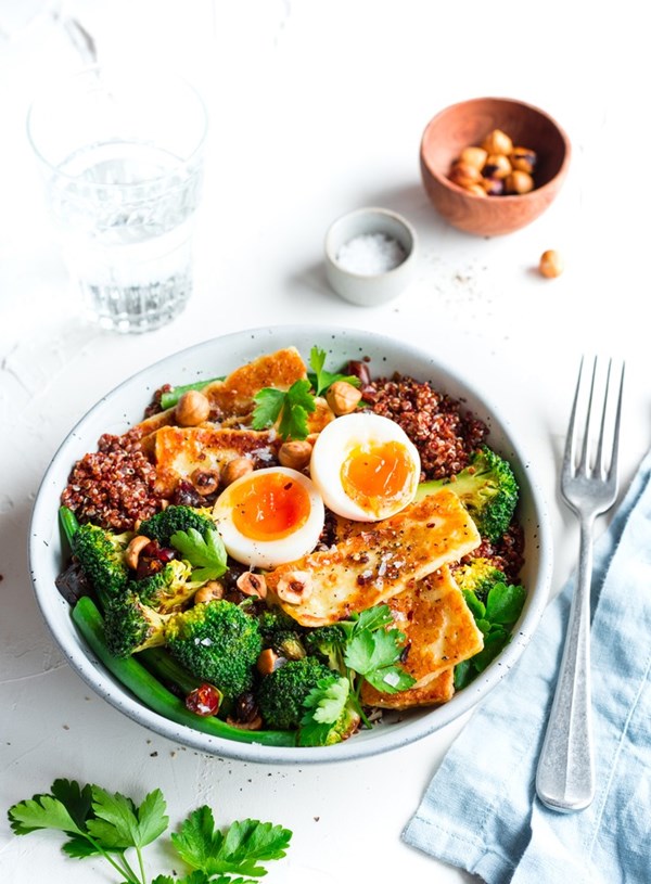 Charred broccoli with halloumi and soft-boiled eggs