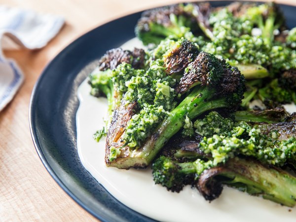Charred broccoli with Taleggio cheese sauce and gremolata 