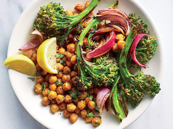 Charred broccolini and onion chickpea bowls