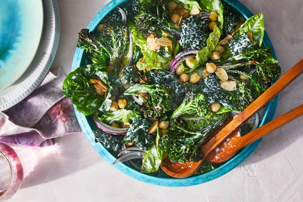 Charred broccolini Caesar with kale and chickpeas