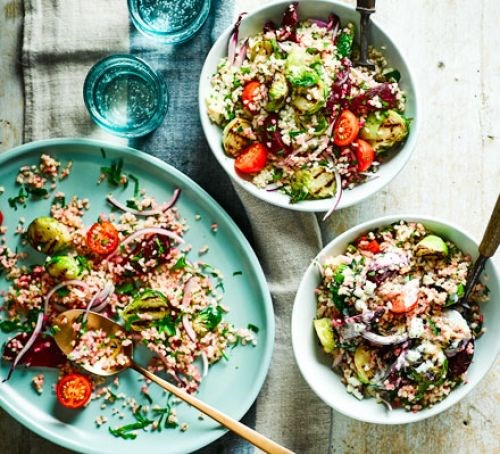 Charred Brussels, beetroot & bulghar salad